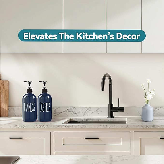 Glass Soap Dispenser Set 2 Pack,16 Oz Dish Soap Dispenser for Kitchen Sink,Blue Kitchen Accessories and Kitchen Decor,Blue Decorations and Kitchen Utensils for Kitchen