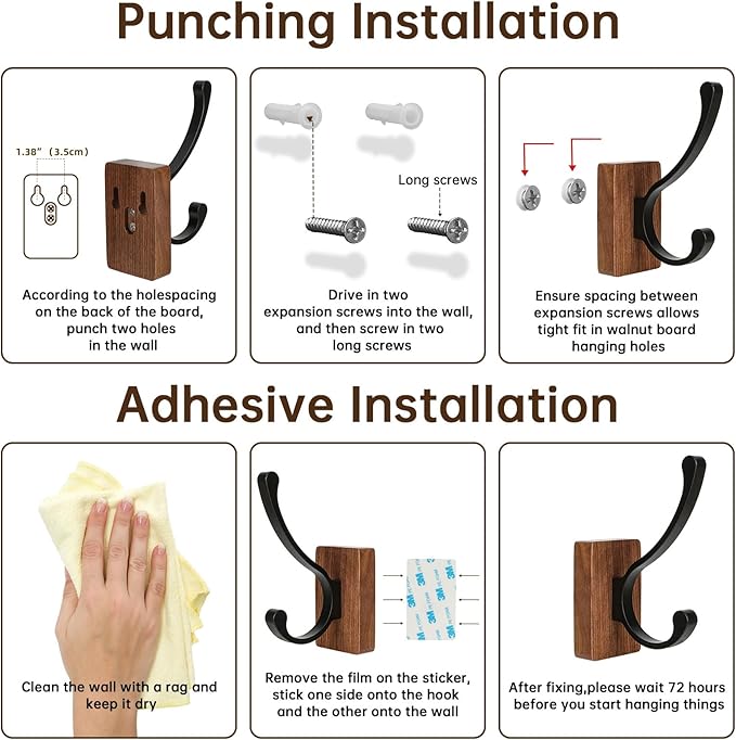 8 Pack Wooden Wall Hooks, Adhesive and Screw Mounted for Heavy Duty, Boho Decorative Coat Hooks for Towel, Clothes, Blanket, Hat, Entryway, Nursery Door