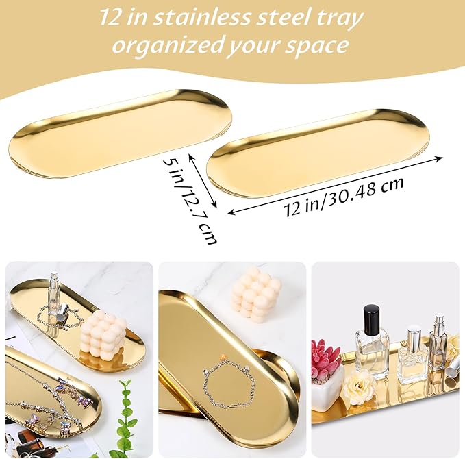 4 Pack Gold Stainless Steel Decorative Trays, 12 Inch Oval Jewelry Dish Cosmetics Organizer Bathroom Clutter Serving Platter Small Storage Tray