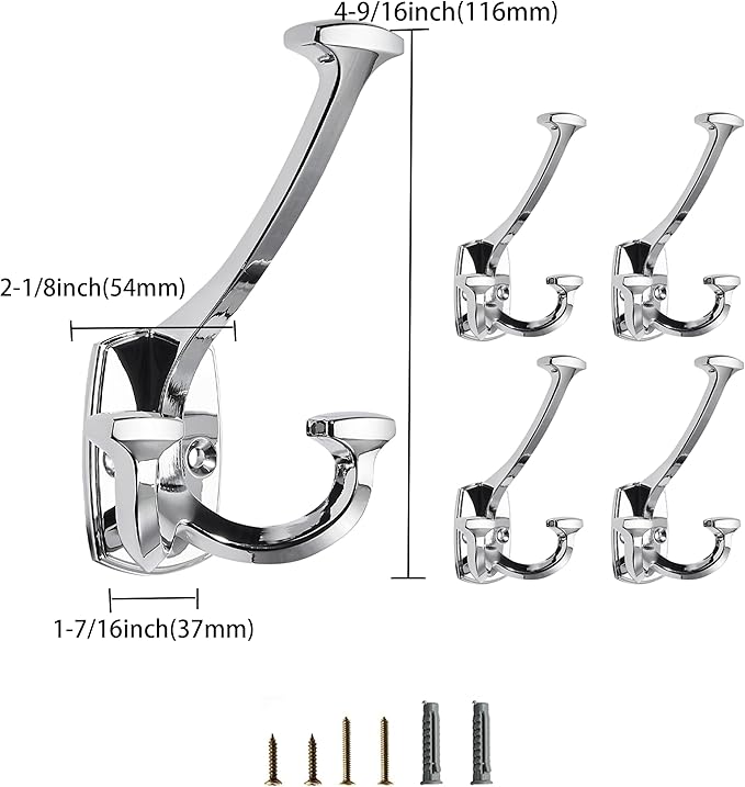 Polished Chrome Hooks Large Wall Mounted Decorative Solid Heavy-Duty Double-Sided Coat Hooks for Hanging Towels Coats Robes Towels Bag Bathroom Wall Hooks (2 Pack)