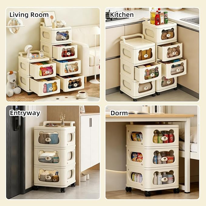 Drawer Storage Organizer, Rolling Storage Cart with 3 Drawers, Plastic Drawer Tower Organization Storage Container with Wheels for Home, Bathroom, Kitchen, Entryway, Office, Dorm