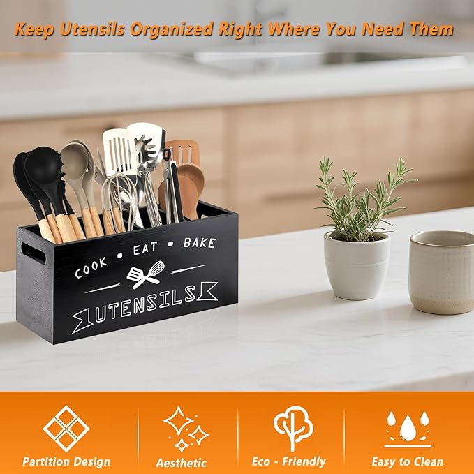 Large Black Utensil Organizer with Removable Dividers - Ideal Wooden Kitchen Countertop Organizer （black 4 Compartment）