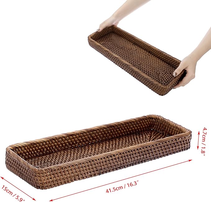 Sumnacon 16 Inch Rattan Bathroom Vanity Tray - Decorative Wicker Toilet Tank Tray for Paper Hand Towel,Vintage Storage Basket Bin for Bathroom Kitchen Toilet Tank Vanity Countertop Table Shelf,Brown