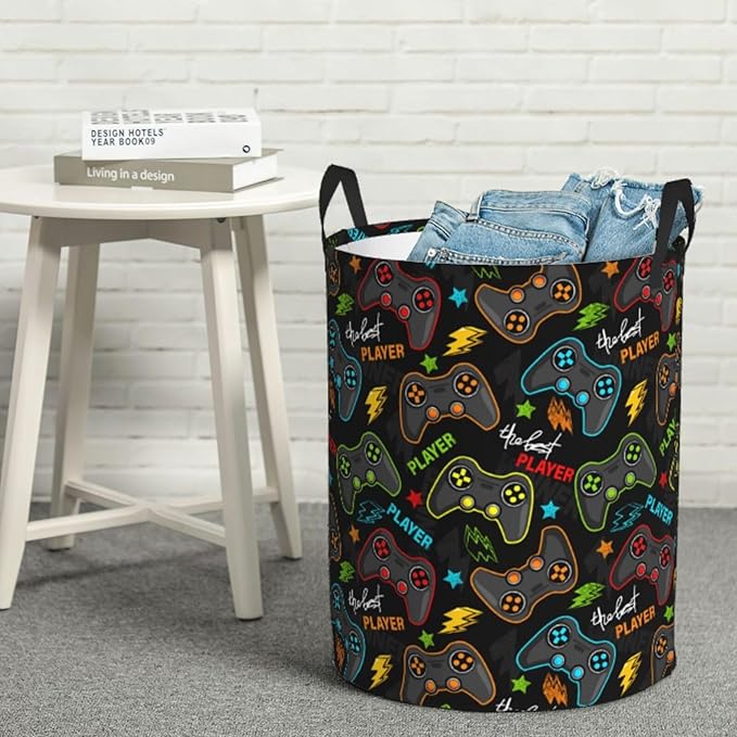 Video Game Controller Round Laundry Hamper Gaming Joysticks Storage Basket Toys Clothes Organizer Bin For Home Bathroom Bedroom Dorm Nursery, 38l