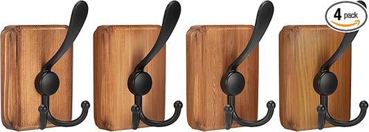 4 Pack Wooden Wall Hooks, Adhesive and Screw Mounted for Heavy Duty, Boho Decorative Coat Hooks for Towel, Clothes, Blanket, Hat, Entryway, Nursery Door