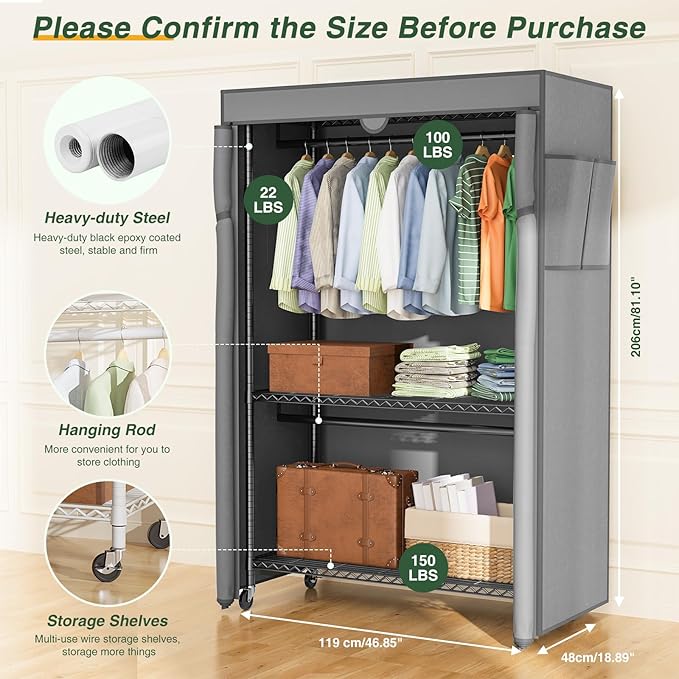 LEHOM G1C Heavy Duty Clothes Rack with Cover, Rolling Garment Rack for Hanging Clothes, Portable Closets with Oxford Fabric Cover, Freestanding Clothing Rack on Wheels (White+gray Cover, G1C)