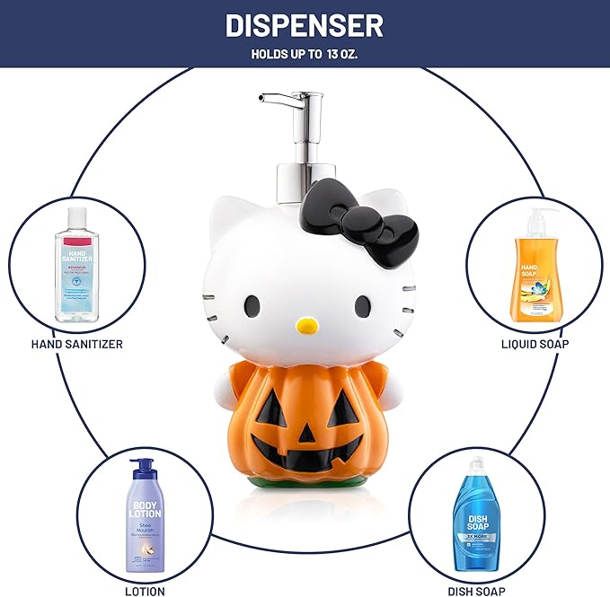Hello Kitty Pumpkin Jack - O- Lantern Soap Dispenser - Autumn & Halloween Bathroom Decor and Storage - Orange Resin Lotion Pump
