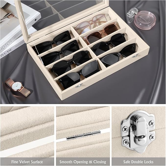 Emibele Glasses Organizer Jewelry Tray, 8 Grids with Clear Lid Velvet Tray Watch Storage Stackable Jewelry Showcase Display Storage with Detachable Inner Dividers, Beige