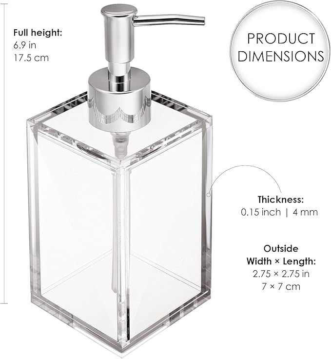 Clear Acrylic Refillable Liquid Hand Soap Dispenser with Rust Proof Stainless Steel Pump, Modern Square Bathroom Vanity Soap Dispenser | 12 oz, 1 Pack