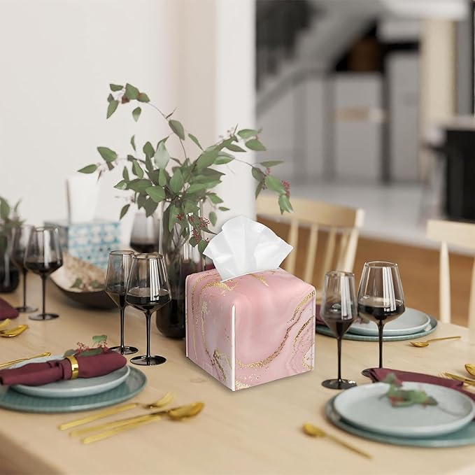 Pink Marble Tissue Box Cover Square,Tissue Box Holder with Belt Bottom,Stylish Leather Napkin Holder for Vanity Countertop,Nightstands,Office Desk,5.2"Ã5.2"Ã5.2"