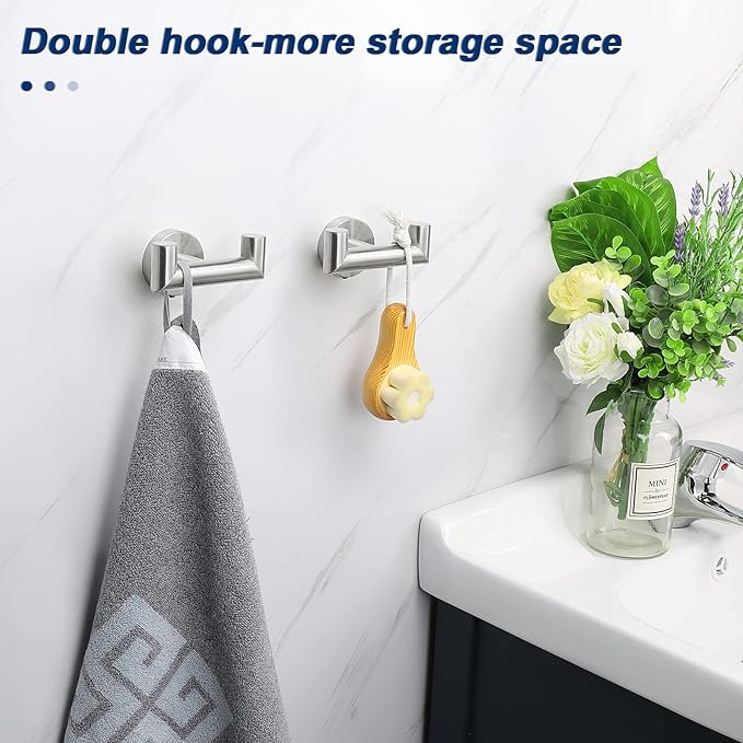 NearMoon Bathroom Double Towel Hook- SUS304 Stainless Steel Robe Towel Holder, Heavy Duty Double Coat Hook for Bathroom Livingroom Kitchen Wall Mounted (Brushed Nickel-U, 2 Pack)