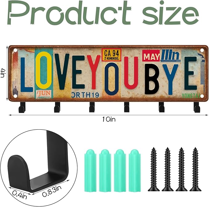 Key Holder Wall Mount Love You Bye Key Holder Hook Rack Organizer Hanger with 6 Hooks for Wall Express Love Art Sign Decor for Entryway Front Door(Vintage Style,11.8 x 4)