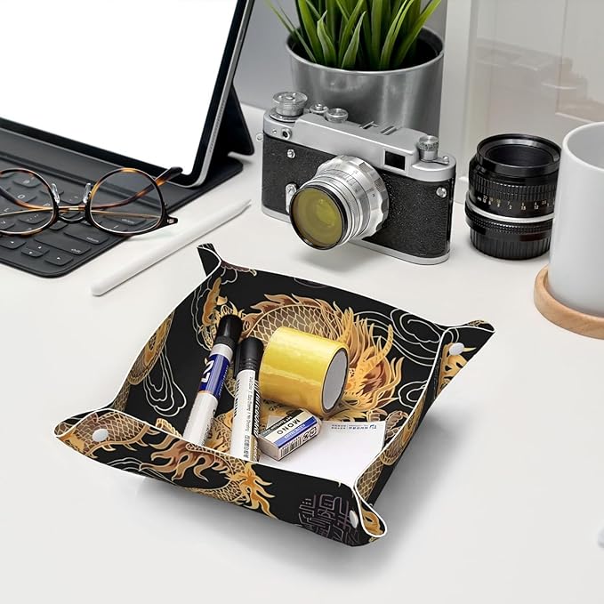 Oriental dragon Leather Vanity Tray Desktop Storage Organizer, Decorative Catchall Perfume Tray, Bathroom Valet Tray,Nightstand Caddy Holder for Keys Phone Wallet Coin Jewelry, S