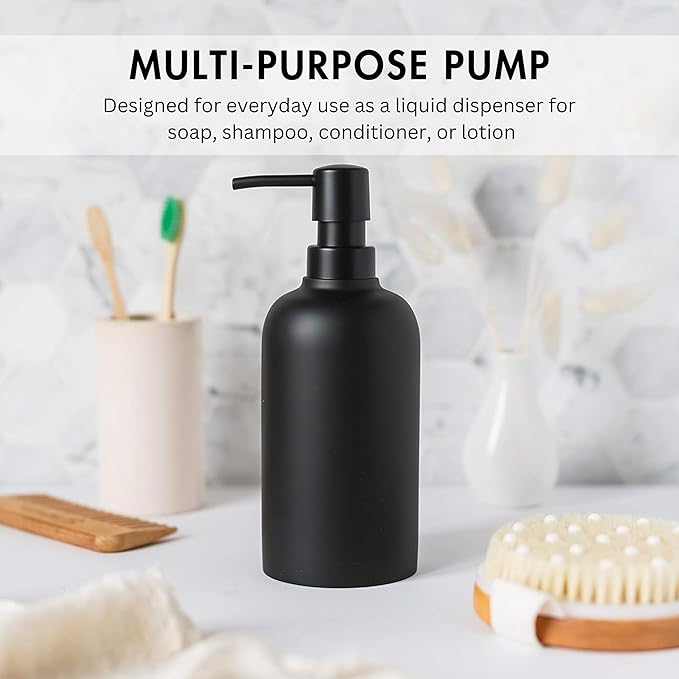 Matte Black Round Soap Dispenser for Kitchen & Bathroom – 15 oz Refillable Resin Pump Bottle for Dish Soap, Hand Soap, Shampoo, Conditioner – Modern Countertop Dispenser with Non-Slip Protective Pads