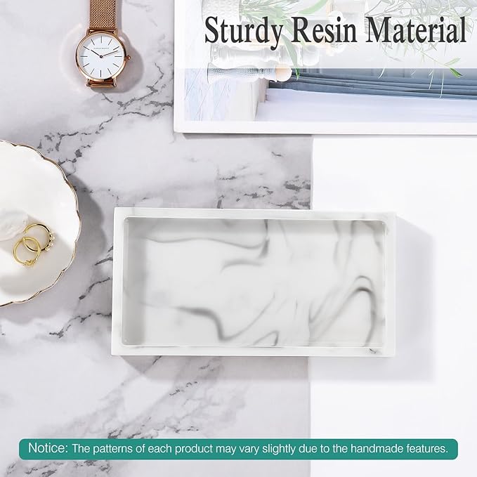 Emibele Bathroom Vanity Tray, Small 8" Rectangular Resin Kitchen Soap Dresser Jewelry Dish Tray Bathroom Countertop Organizer Tray for Cosmetic Perfume Candle, Mini, Ink White