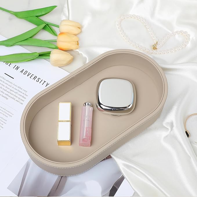 Oval Desk Valet Tray, PU Leather Perfume Dish Bowl for Keys Wallet Watch, Decorative Trinket Vanity Jewelry Tray, Entryway Nightstand Organizer Women Men (Beige)