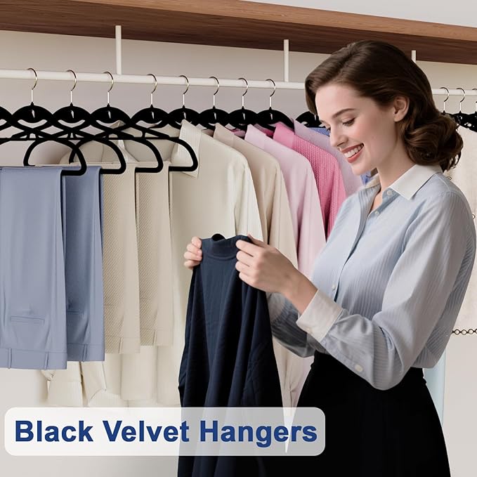 Black Velvet Hangers,Non Slip Felt Hanger，Stackable Space Saving Hangers with 360° Rotating Silver Hook,Closet Organizers and Storage Suit Clothes,Pants,Shirt,Tie,Tank Top