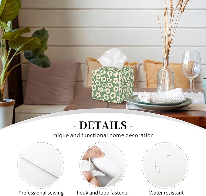 Tissue Box Holder Green Groovy Flower Tissue Box Cover Square Leather Tissue Holder Organizer Portable Decorative Facial Paper Case for Home Office Bathroom Vanity Countertop