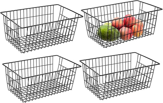 Redrubbit Wire Storage Baskets, Large Farmhouse Metal Freezer Basket Storage Organizer Bins with Handles for Kitchen Cabinets, Pantry, Closets, Bedrooms, Bathrooms, Set of 4, Black