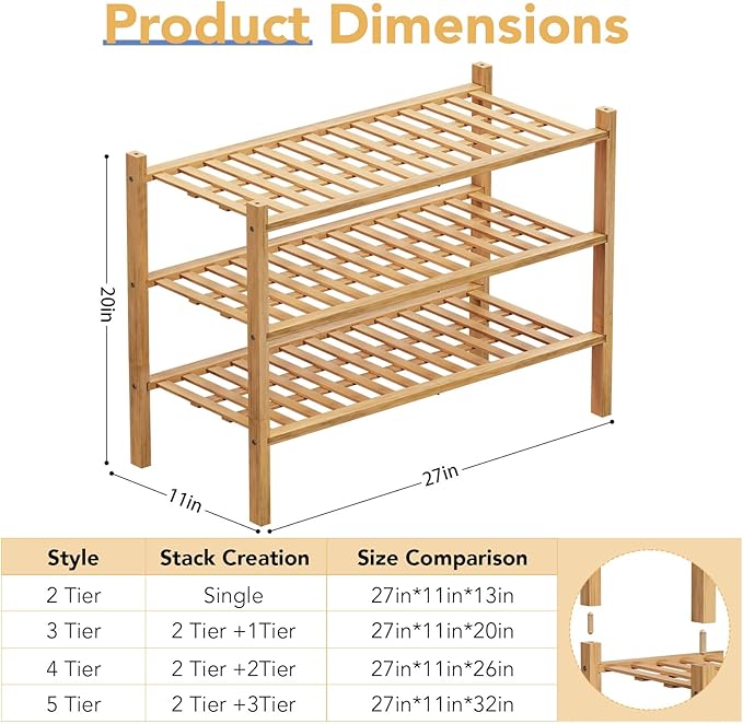 Haddockway 3 Tier Bamboo Shoe Rack Storage Organizer, Multifunctional Free Standing Stackable Shoe Shelf with Grid Panel for Closet,Hallway,Entryway,Small Space 27"x11"x20"