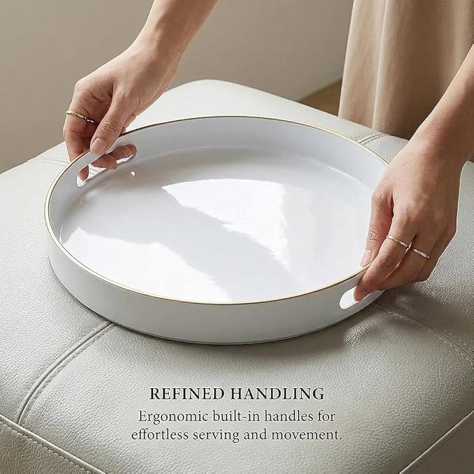 Zosenley Decorative Tray, Round Plastic Tray with Handles, Modern Vanity Tray and Serving Tray for Ottoman, Coffee Table, Kitchen and Bathroom, Size 13â (White)