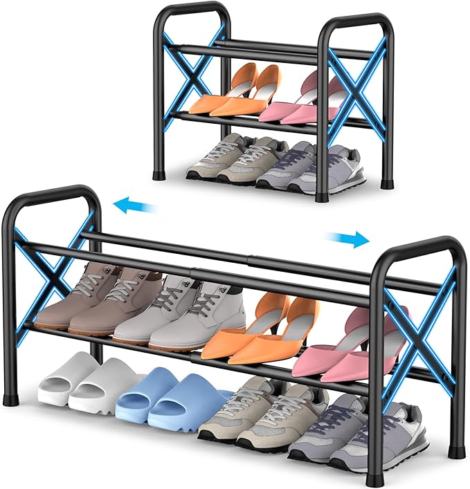 2-Tier Expandable Shoe Rack for Closet Floor, X-Frame Metal Small Shoe Rack for Entryway, Adjustable Shoe Shelf Organizer, Free Standing Shoe Racks for Front Door Entrance, Garage - Black