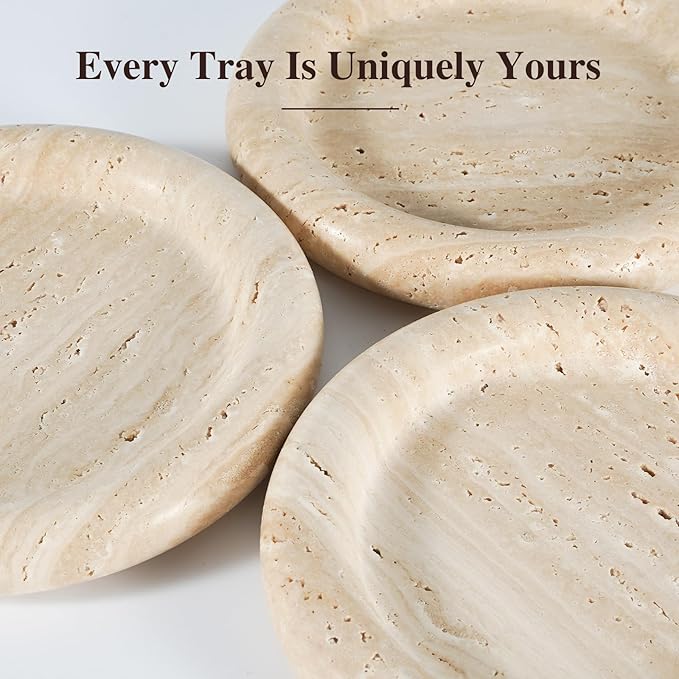 Natural Beige Travertine Vanity Tray - 8 Inch Round Stone Makeup & Jewelry Organizer Dish, Decorative Marble Tray for Bathroom Countertop, Coffee Table, Bedroom