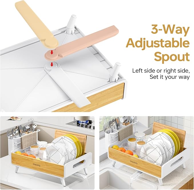 Dish Drying Rack for Kitchen Counter - Stainless Steel & Bamboo Dish Rack with Large Removable Utensil Holder, Dish Drainer with Adjustable Automatic Spout, White