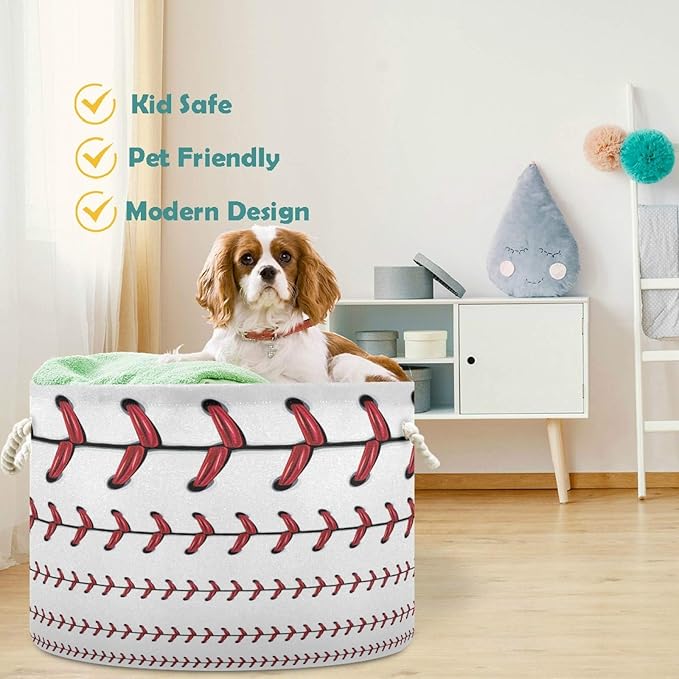 visesunny Storage Basket Softball Baseball Red Lace Over White Pattern Nursery Hamper Canvas Fabric Toy Storage Organizer Bin Storage Box Laundry Basket for Kid Rooms,Playroom