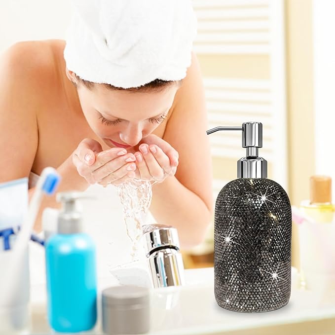 SlowVibes 18Oz Bling Black Soap Dispenser with Rust Proof Stainless Steel Pump,Refillable Liquid Hand Wash Bottle for Bathroom Kitchen,Sparkle Decorative Shower Dispenser,Rhinestone Lotion Dispenser