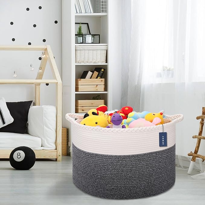 COMSE Extra Large Blanket Basket, Woven Laundry Basket, 21.7âx 13.8â, Nursery Hamper, Cotton Rope Laundry Hamper Living Room for Storage Toys Clothes Towels (White & Black)