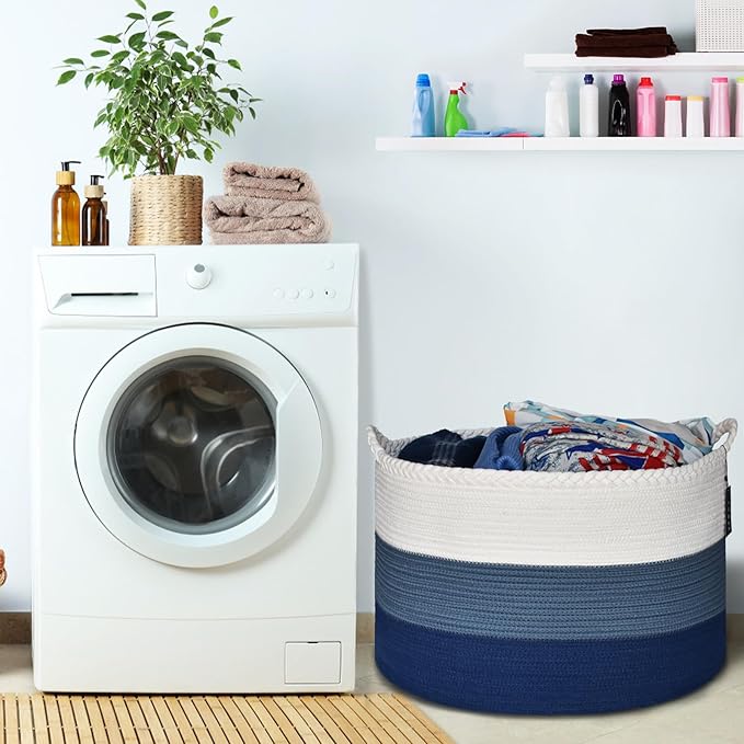 COMSE Extra Large Blanket Basket, Woven Laundry Basket, 21.7âx 13.8â, Nursery Hamper, Cotton Rope Laundry Hamper Living Room for Storage Toys Clothes Towels (White & Cadet Blue & Navy Blue)