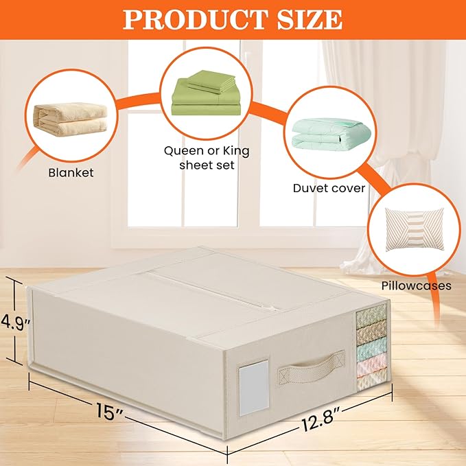 WOWBOX Sheet Organizers and Storage,Closet Bed Sheet Organizer Under Bed Storage and Organization with Label Cards & Clear Window for Bedding Sheets,Duvet Covers,Blankets (8 Pack，Beige)