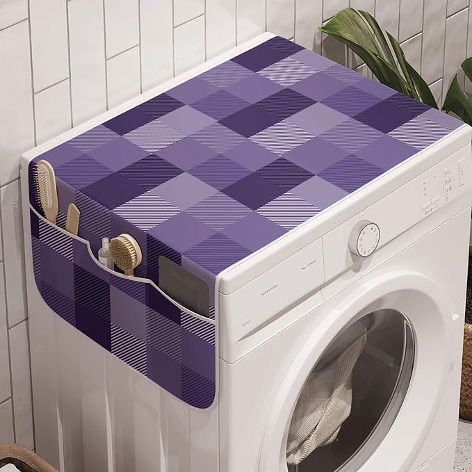 Ambesonne Abstract Washing Machine Organizer, Plaid Print Stripe Details a Monochrome Layout, Anti-slip Fabric Cover for Washers and Dryers, 47" x 18.5", Purple Quartz