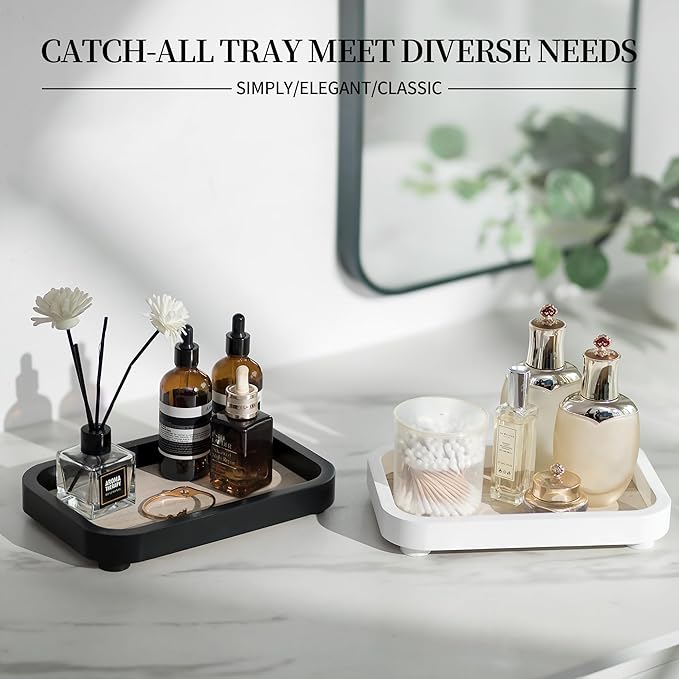 Hanobe Bathroom Vanity Perfume Tray: White Decorative Dresser for Women - Wood Stand Riser Rectangular for Home Decor - Pedestal Counter Display