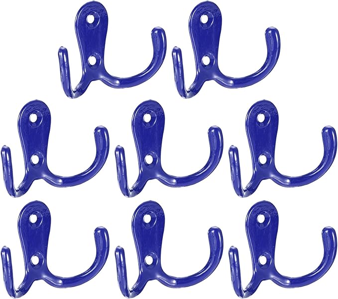uxcell Wall Hooks, 8Pcs - Zinc Alloy Double Prong Retro Hook, Hooks for Hanging Towel Coat Backpack Clothes Scarf Keys Hat Cup (Blue)