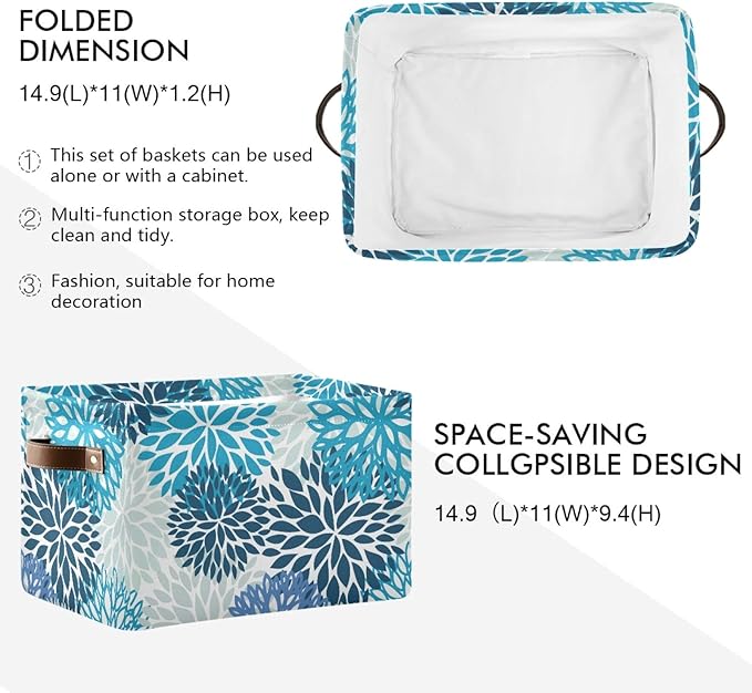 susiyo Large Foldable Storage Bin Blue Navy Chrysanthemum Flowers Fabric Storage Baskets Collapsible Decorative Baskets Organizing Basket Bin with PU Handles for Shelves Home Closet Bedroom-2Pack