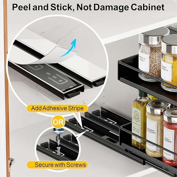 iSPECLE Spice Rack Organizer for Cabinet - 1 Pack Rotate Pull Out Spice Racks for Easy Access, Adjust Height to Fit 4 oz to 8 oz Spice Jars, Peel and Stick, 10.2" D for Inside Cabinet