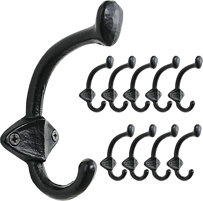 Dseap Cast Iron Wall Hooks L=5”, Heavy Duty Coat Hooks, Rustic Vintage Farmhouse Hook for Hanging Winter Coats Jackets Towels Hats Bags Plants, Antique Black, Pack of 10 (ShieldBold)