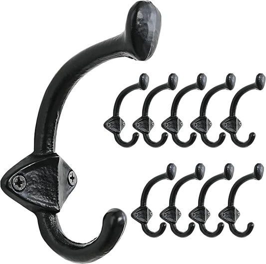 Dseap Cast Iron Wall Hooks L=5”, Heavy Duty Coat Hooks, Rustic Vintage Farmhouse Hook for Hanging Winter Coats Jackets Towels Hats Bags Plants, Antique Black, Pack of 10 (ShieldBold)