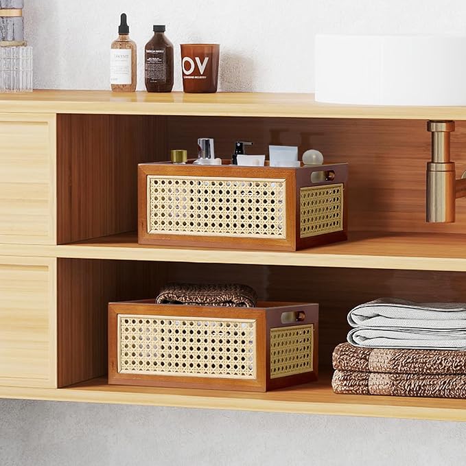 Rattan Storage Basket Set of 2 Handmade Natural Bamboo Woven Storage Bin for Organizing Decorative Wicker Box for Rustic Farmhouse Decor Home Office Tabletop Shelf Organizer