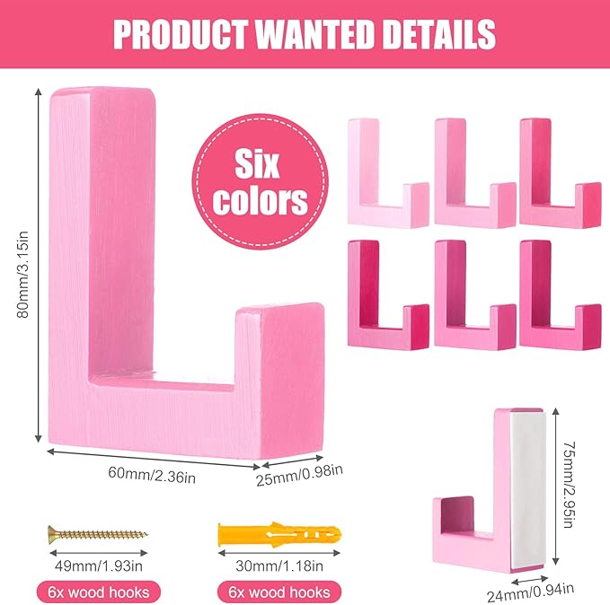 6 Pack Cute Kids Coat Wall Hooks Wooden Adhesive Decorative Colorful Wall Mounted Hangers Backpack Hooks for Hanging Keys Towel Clothes Bathroom Organization(Pink Mixed Color)