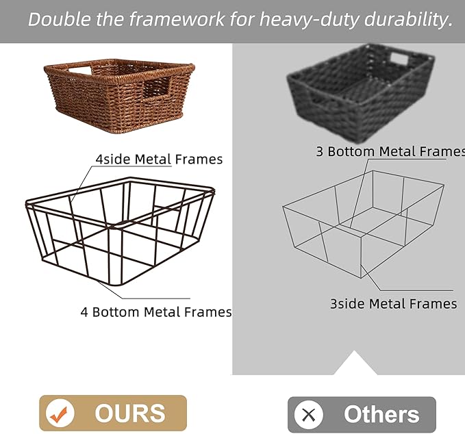 Wicker Storage Basket Water-resistant:Storage Basket with Built-in Handles,Rectangle Basket for Shelf, Brown, 2-Pack