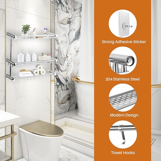 Cheer Collection Wall Mounted Shower Caddy - 2 Tier Stainless Steel Bathroom Shelves Organizer with Towel Hooks, No Drilling Necessary