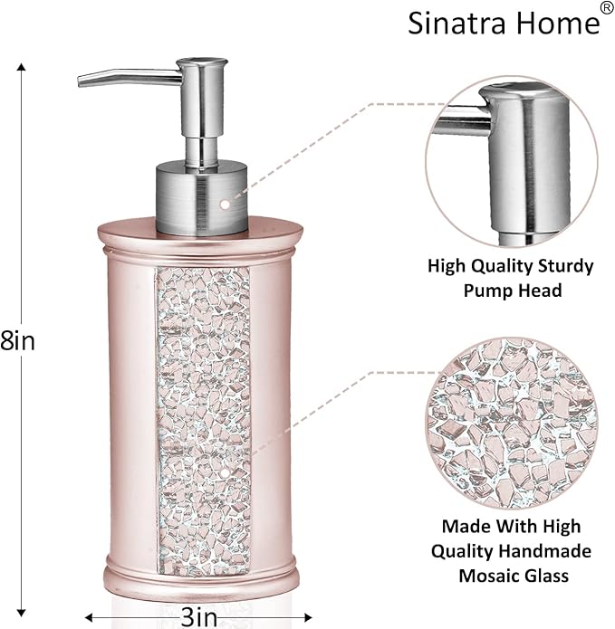 Zahari Home Sinatra Soap Dispenser/Lotion Pump Unique Design Bling Glass Mosaic Décor, Blush
