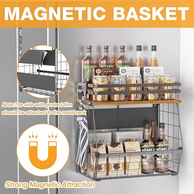 Magnetic Shelf for Fridge with Wood Lid, Magnetic Spice Rack for Refrigerator Large Capacity Wire Basket Kitchen Storage Bin for Fruit, Onion, Potatoes, Storage Organizer for Counter & Cabinet, Black