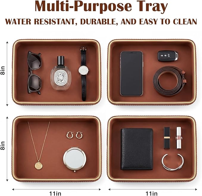 PU Leather Valet Tray 11 x 8 x 1.75 Inch Desktop Storage Organizer Catchall Bedside Table Tray Nightstand Caddy Holder for Men Women Gift for Key Bowl Wallet Phone Coin Vanity Perfume