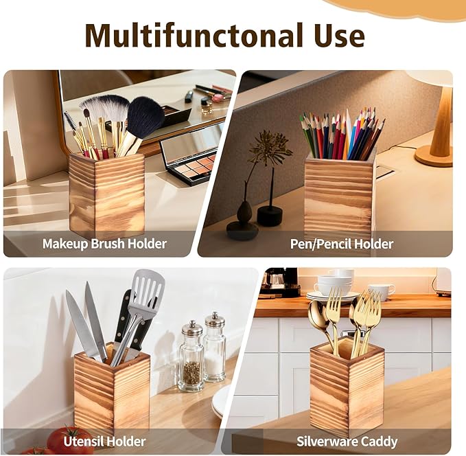 Wooden Silverware Caddy with 3 Detachable Compartments & Portable Handle - Farmhouse Countertop Organizer for Forks/Spoons/Knives, Cutlery Holder for Party, Kitchen & Dining