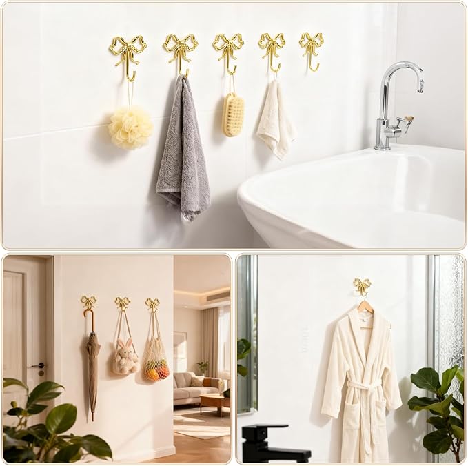 2 PCS Large Size Gold Bow Wall Hook,Decorative Gold Coat Hooks for Bathroom,Bedroom,Living Room - Heavy Duty Metal Towel Hooks for Hanging Robes,Hats,Bags,Keys,Coffee Mugs
