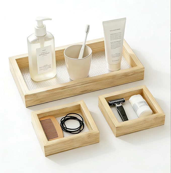 Bathroom Vanity Tray Set 3 - Wooden Decorative Tray for Toilet Tank, and Coffee Table Organizer, Wood Color